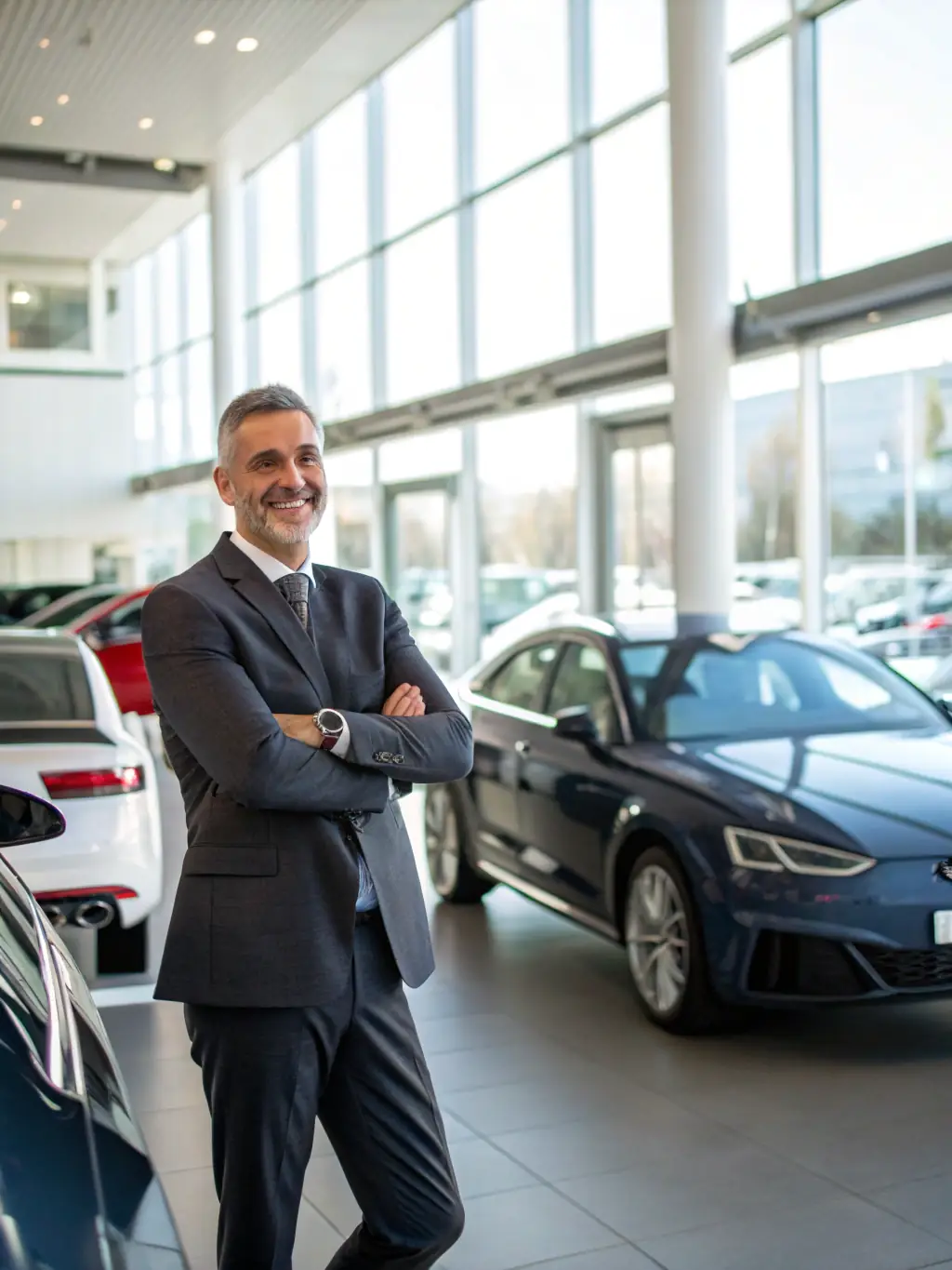 A consultant advising a dealership manager in a showroom, surrounded by luxury vehicles and business charts, used to highlight professional consulting for dealerships.