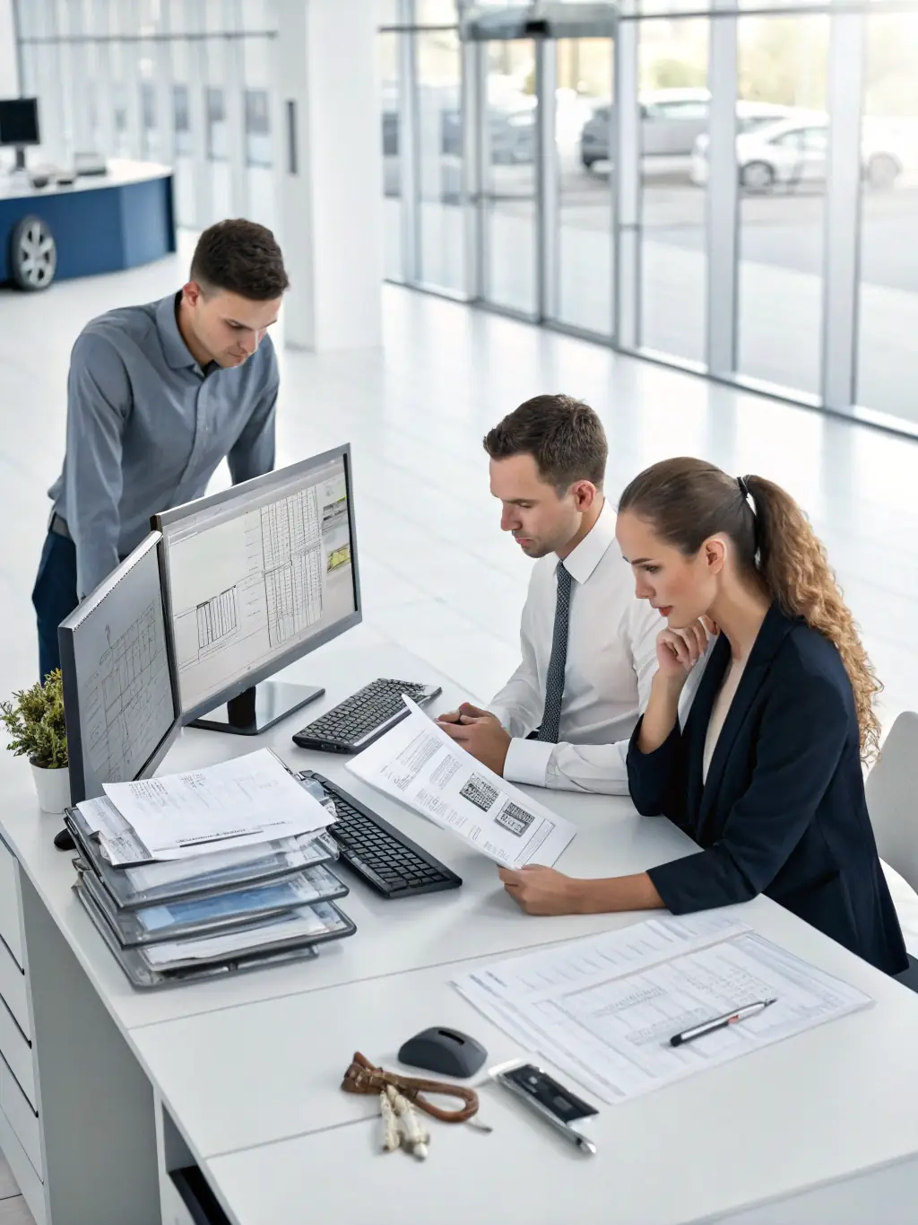A modern office setting with automotive industry professionals discussing vehicle import paperwork, featuring branded folders and a sleek car model on the table, used to illustrate consulting services.
