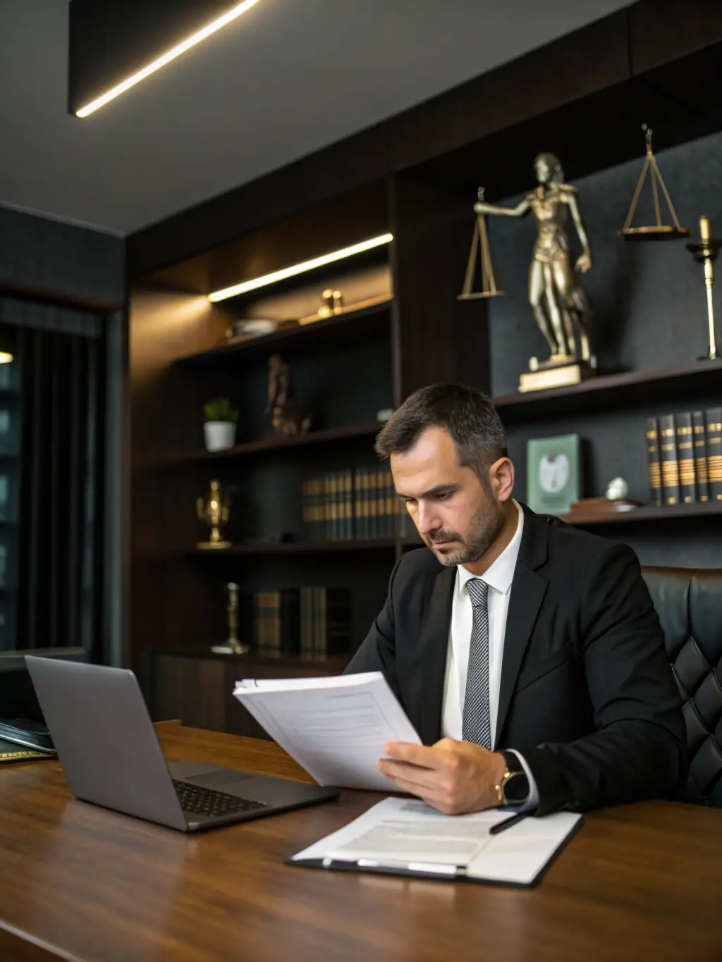 A professional reviewing compliance documents next to a car, with legal and regulatory icons overlayed, used to illustrate regulatory compliance support.